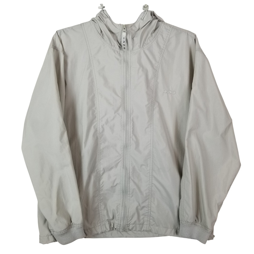 IZOD Golf Mens Windbreaker Jacket Large Light Gray Full Zip Hooded Packable‎ L